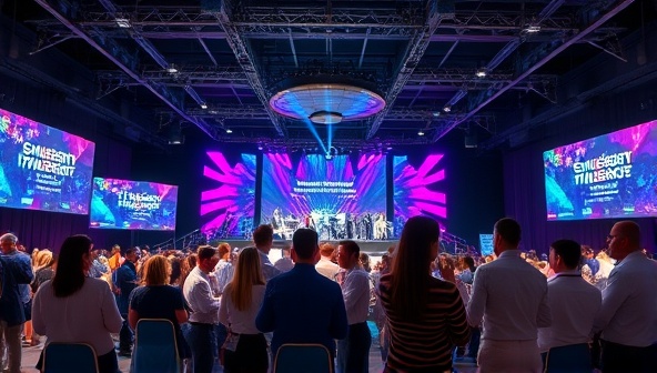 An immersive and dynamic live streaming event scene featuring a virtual stage with interactive elements, audience engagement tools, and a diverse group of participants interacting and networking virtually, capturing the essence of engagement and interactivity on the StreamXperience platform.