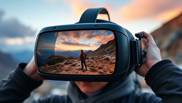 An immersive virtual reality headset displaying a thrilling adventure scene in a remote location, with users experiencing a sense of wonder and excitement as they explore the virtual world of Quest Expeditions Online.