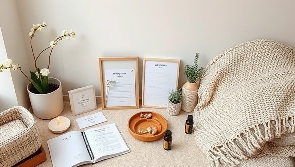 A serene and soothing wellness corner setup with elements from the MindfulCare Kits, including mindfulness journals, relaxation tools, essential oils, and cozy blankets, creating a calming and introspective atmosphere for mental health and self-care activities.