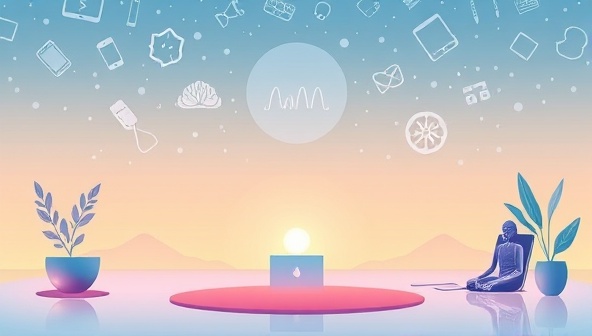 An illustration of a serene digital-free zone with calming colors, mindfulness symbols, and technology elements subtly integrated, reflecting a harmonious blend of tech and mindfulness for wellness.