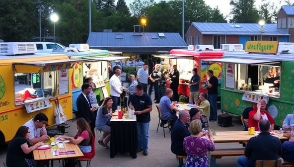 A bustling food truck park scene with colorful trucks serving a variety of cuisines, customers enjoying their meals at picnic tables, and live musicians performing in the background, capturing the lively and communal spirit of StreetEats Hub.