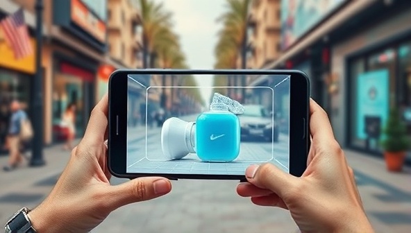 An engaging AR advertisement where a virtual product is seamlessly integrated into a real-world environment, captivating viewers and showcasing the interactive nature of AR advertising.