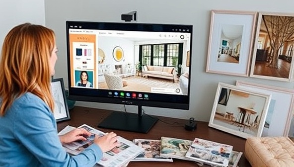 A virtual room design consultation scene with an interior designer discussing design concepts with a client via video call, showcasing mood boards, color swatches, and virtual room visualizations on a digital screen, surrounded by design magazines and decor samples, symbolizing personalized and creative interior design services.