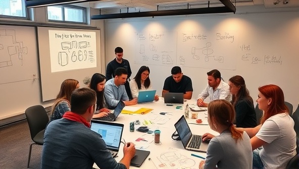 An interactive workshop setting with participants engaged in a hands-on web design activity, surrounded by laptops, design sketches, and collaborative brainstorming sessions, illustrating a dynamic learning environment at DesignFlow Academy.