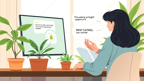 An artistic digital illustration of a virtual plant care consultation session, featuring a horticulture expert providing advice on plant watering, sunlight exposure, and pest control to a customer, creating a personalized and informative plant care experience.