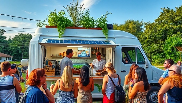 A vibrant food truck setup with solar panels, a green rooftop garden, and a diverse crowd of customers enjoying eco-friendly meals served in compostable packaging, creating a lively and sustainable dining atmosphere on wheels.