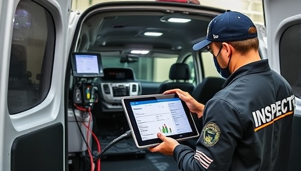 A mobile inspection van equipped with diagnostic tools and a technician conducting a thorough examination of a vehicle, with a tablet displaying real-time data and inspection results, showcasing the professionalism and efficiency of the InspectPro On-Demand service at the customer's location.