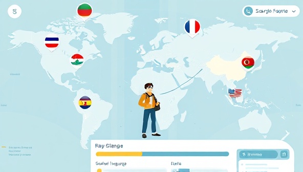 An imaginative illustration of a virtual world map dotted with language flags, a student avatar navigating through challenges, and a progress bar indicating language proficiency levels, conveying a sense of adventure and learning.