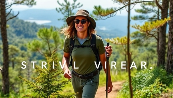 An outdoor adventurer wearing EarthThreads Travelwear, hiking in a lush forest trail, with scenic vistas in the background, showcasing the stylish and sustainable apparel designed for eco-conscious travelers by EarthThreads Travelwear.