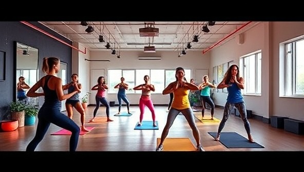A dynamic virtual fitness class setting with students participating in a high-energy workout session led by an instructor, engaging in cardio exercises, yoga poses, and strength training movements, creating a vibrant and motivating fitness environment for students to stay active and healthy.