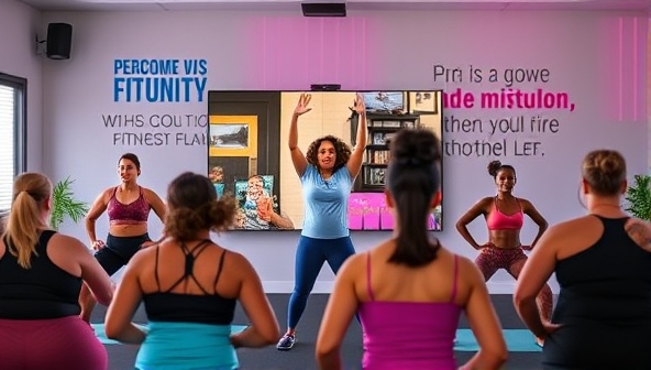 An energetic virtual workout session with diverse participants following an instructor's lead on screen, displaying a positive and inclusive fitness community vibe with vibrant colors and motivational quotes in the background, capturing the essence of FitUnity's virtual fitness and wellness community.