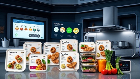 An array of smart meal prep kits displayed in a futuristic setting, with digital screens showcasing personalized nutrition plans, high-tech kitchen gadgets, and fresh, colorful ingredients, symbolizing the intersection of health, technology, and convenience.