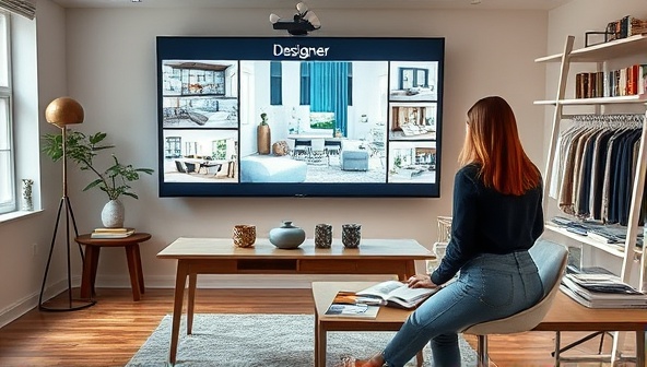 A virtual design studio setup with a designer showcasing digital mood boards, room layouts, and fabric swatches on a large screen, surrounded by design books and samples, conveying creativity and sophistication in interior design consultations.