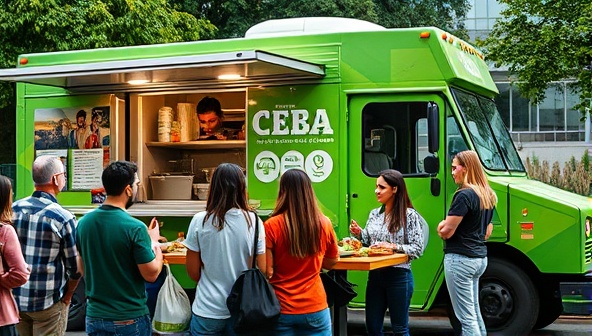 An image of a vibrant food truck with a green-themed design, serving a line of customers tasty plant-based dishes, with recyclable utensils and compost bins visible in the background, reflecting the business's eco-friendly mission and commitment.