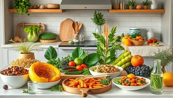 An artistic display of colorful plant-based dishes, fresh produce, and eco-friendly packaging materials arranged in a modern kitchen setting, conveying the essence of healthy and sustainable eating habits with a focus on plant-based cuisine.