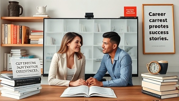 A professional visual representation of a virtual career coaching session with a coach and client discussing career goals and strategies, surrounded by career development books, motivational quotes, and success stories, reflecting the transformative nature of ShiftForward Coaching in guiding career transitions.