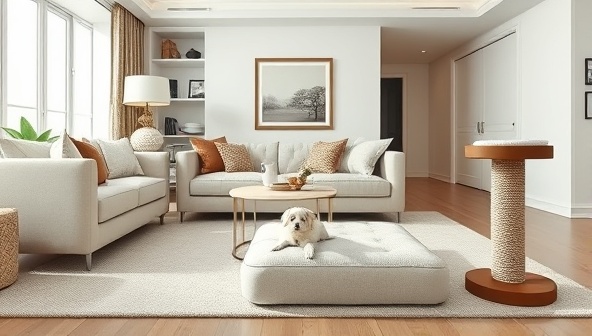 A chic living room setting with a stylish pet bed and scratching post seamlessly integrated into the modern decor, showcasing the aesthetic appeal and functionality of custom pet furniture in a luxurious home environment.