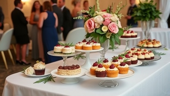 An image of an elegant dessert table at an event showcasing a variety of beautifully crafted plant-based sweets and treats, adorned with fresh flowers and greenery, exuding sophistication and cruelty-free indulgence, capturing the essence of Sweet Greens Delights' catering services.