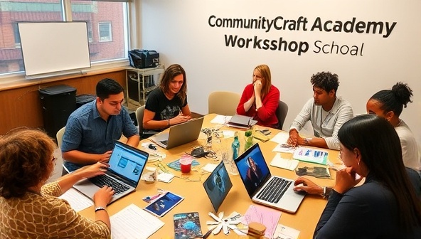 A workshop setting with a diverse group of participants engaged in a digital marketing session, with laptops, notebooks, and creative materials on the tables, illustrating a collaborative and interactive learning environment at CommunityCraft Academy.