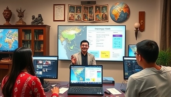 An engaging image of a virtual language class in session, with students from different parts of the world interacting with the instructor through video conferencing, language exercises displayed on screens, and cultural artifacts in the background, capturing the essence of global language learning and connection.