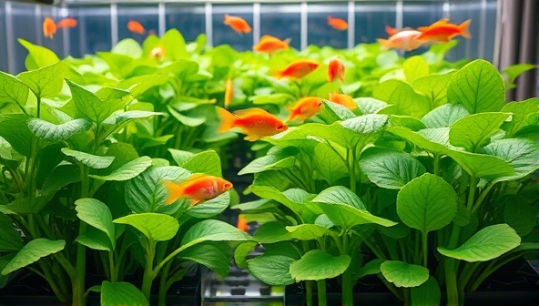 A vibrant image of lush green plants thriving in a controlled aquaponic system, with colorful fish swimming in the background, showcasing the harmonious balance of the ecosystem.
