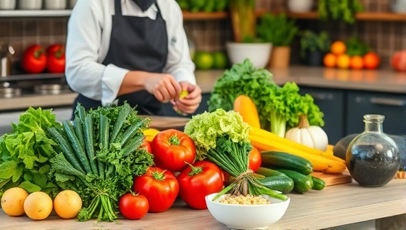 A vibrant and colorful kitchen scene with an assortment of fresh vegetables, herbs, and plant-based ingredients neatly arranged on a countertop, with a chef's hand mixing ingredients in a bowl, exuding freshness and culinary creativity.