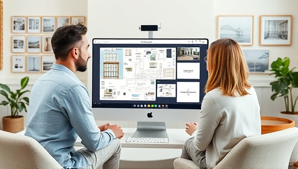 An interactive virtual design session showing a homeowner and a designer discussing renovation plans on a computer screen, surrounded by mood boards and renovation samples, illustrating a creative and collaborative process.