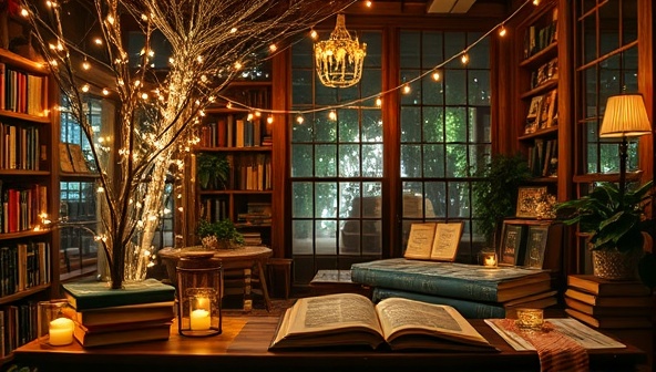 An enchanting book-themed event setup with fairy lights, vintage books as decor, and a cozy reading nook, inviting attendees to immerse themselves in a magical literary atmosphere, capturing the essence of NovelEscapes Events' unique event designs.