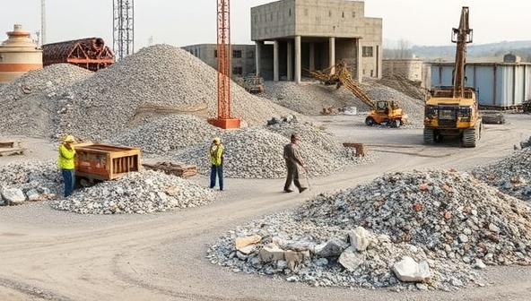 A construction site scene with workers sorting and processing various construction waste materials into recycled aggregates and sustainable building products, showcasing the eco-friendly and innovative practices of ReclaimBuild Technologies in waste recycling.
