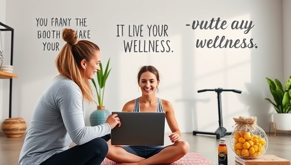 An inspiring wellness scene featuring a coach guiding a client through a virtual workout session, with motivational quotes, healthy snacks, and fitness equipment in the background, creating a supportive and energizing atmosphere for achieving wellness goals.