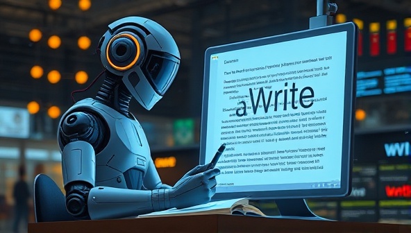 An artistic representation of a futuristic AI assistant hovering next to a writer, analyzing text on a digital screen and offering real-time writing suggestions, symbolizing advanced technology aiding creativity.