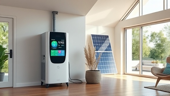 A modern home interior featuring a sleek energy storage unit connected to a solar panel system, with a digital dashboard displaying energy consumption and savings data, creating a futuristic and sustainable living environment, emphasizing energy independence and eco-friendly technology.