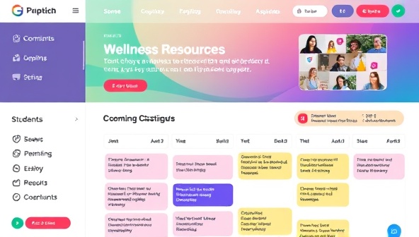 An online platform interface with vibrant colors and inviting graphics showcasing wellness resources, interactive tools, and a calendar of upcoming coaching sessions, conveying a sense of support and community for students.