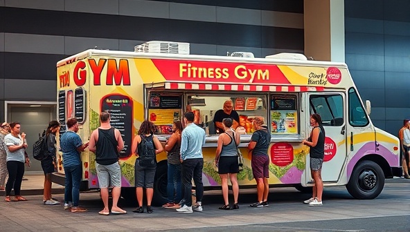 A vibrant food truck parked outside a bustling gym, with a line of fitness enthusiasts waiting to order healthy meals and smoothies, showcasing colorful menu boards, fresh ingredients, and a welcoming atmosphere that appeals to active individuals on the move.