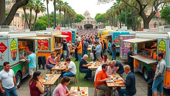 An outdoor scene filled with colorful food trucks serving a variety of cuisines, with attendees enjoying their meals at communal tables, live music in the background, and a festive ambiance, encapsulating the spirit of a local food truck rally.