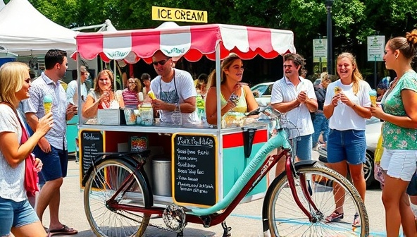 An artisanal ice cream bike adorned with colorful decorations and a chalkboard menu displaying unique flavor offerings, surrounded by delighted customers enjoying ice cream cones in a vibrant outdoor setting, capturing the essence of summer joy and indulgence.