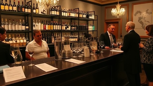 An elegant tasting room setting with a curated selection of artisanal beverages displayed on a tasting bar, accompanied by tasting notes and glassware, with a craft connoisseur guiding a group of members through a sampling experience, evoking a sense of discovery, sophistication, and camaraderie.