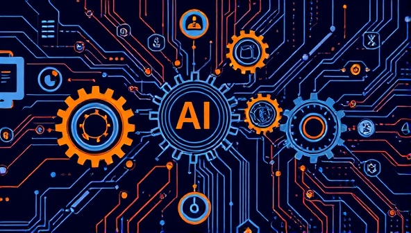 An illustration of a futuristic AI system with gears and algorithms working together to produce content magically, showcasing a blend of technology and creativity.