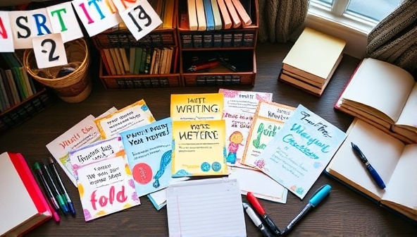 A collection of colorful and artistic writing prompt cards arranged on a desk, surrounded by pens, notebooks, and a cozy reading nook, evoking a sense of inspiration and creativity.