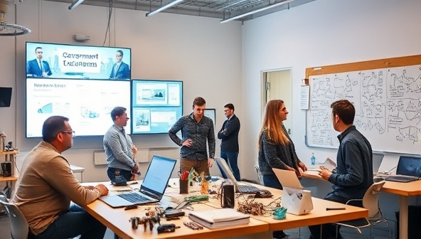 An innovation lab setting with government officials, tech entrepreneurs, and researchers brainstorming ideas on digital screens and whiteboards, with prototypes and gadgets scattered around the room, showcasing a dynamic and collaborative environment for innovation.