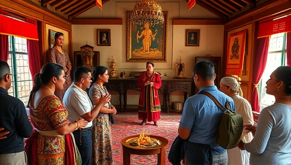 An immersive virtual tour setting with a cultural expert leading a group through a traditional ceremony, surrounded by artifacts, musical instruments, and vibrant cultural decor, capturing the essence of a global cultural exploration experience from home.
