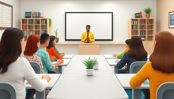 An artistic representation of a virtual classroom setting, with diverse avatars attending a writing workshop led by a virtual instructor, conveying a sense of community and creativity in the online learning environment.