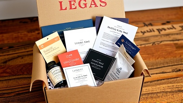 An image of a beautifully designed subscription box filled with legal-themed items, educational materials, and legal advice cards, evoking a sense of excitement and education for subscribers.