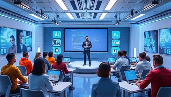 A futuristic virtual classroom setting with diverse avatars engaged in influencer training exercises, led by a digital instructor on a virtual stage, surrounded by social media icons and branding elements, reflecting innovation and empowerment in the influencer training space.
