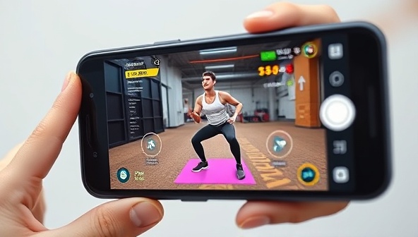 An AR fitness challenge overlay displayed on a smartphone screen, showing a user engaging in a virtual workout session with interactive elements and gamified fitness quests, blending real-world exercise with digital entertainment in a motivating and dynamic way.
