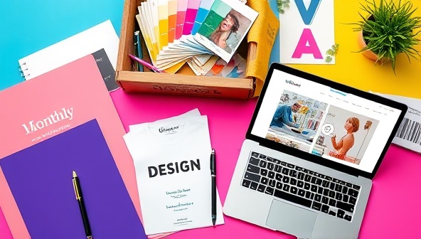 A vibrant and colorful flat lay of a monthly design crate, featuring design books, sketchpads, color swatches, a stylus pen, and a laptop displaying a sleek website design, conveying creativity and inspiration.