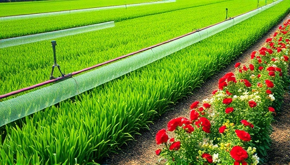 A lush green farm field with precision irrigation equipment in action, surrounded by vibrant flowers and plants thriving in a water-efficient landscape, illustrating the harmony between technology and sustainable agriculture.