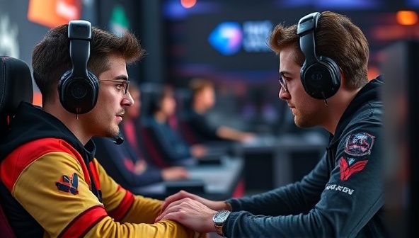 A professional esports coach providing real-time feedback and guidance to a player during a high-stakes tournament match, showcasing the intense training and mentorship offered by ProPlay Mentor.