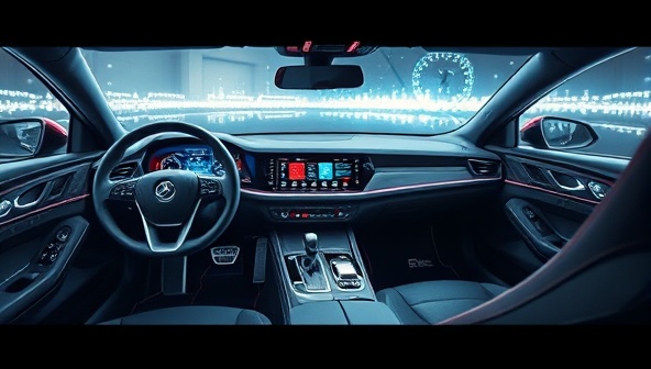 An artistic depiction of a futuristic car interior with advanced tech installations, interactive displays, and smart devices seamlessly integrated into the vehicle, showcasing a high-tech and modern driving experience with RevTech Enhance.