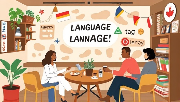 A virtual language exchange cafe scene with avatars of users conversing in different languages, cultural decorations, and language learning resources displayed around the virtual space, fostering a vibrant and interactive multilingual community for language learners to connect and practice together.